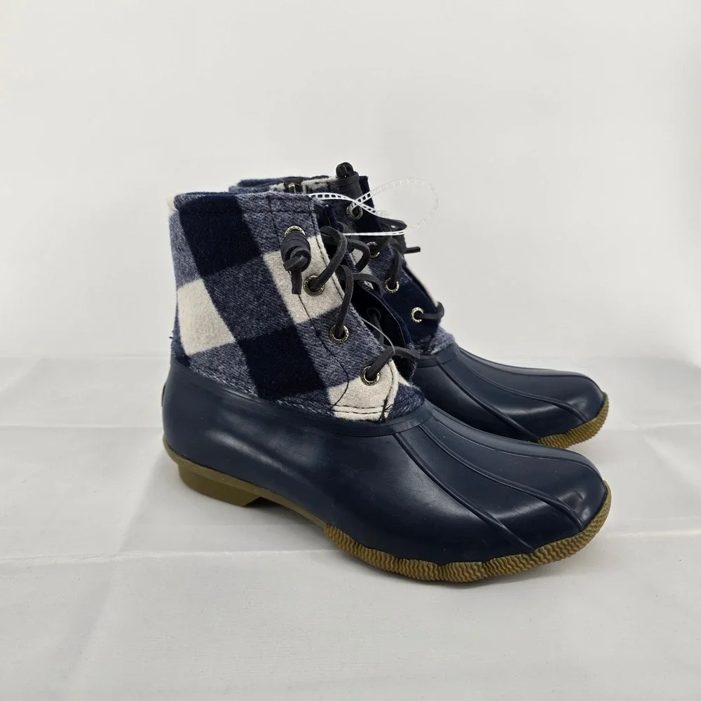 Sperry Women's Duck Boots Plaid‎ Upper Navy Rubber Waterproof Ankle Size 6.5